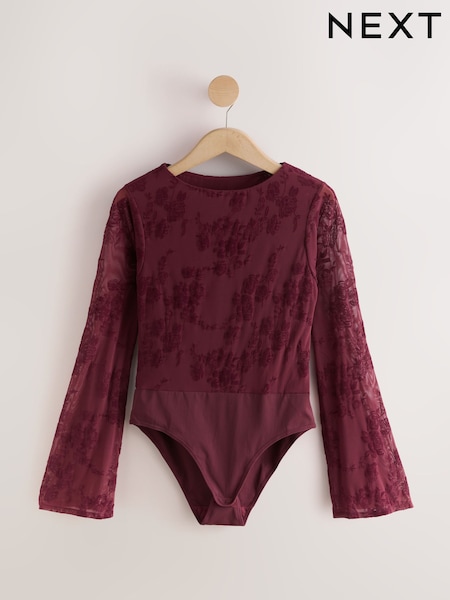 Plum Purple - Flute Sleeve Flocked Bodysuit