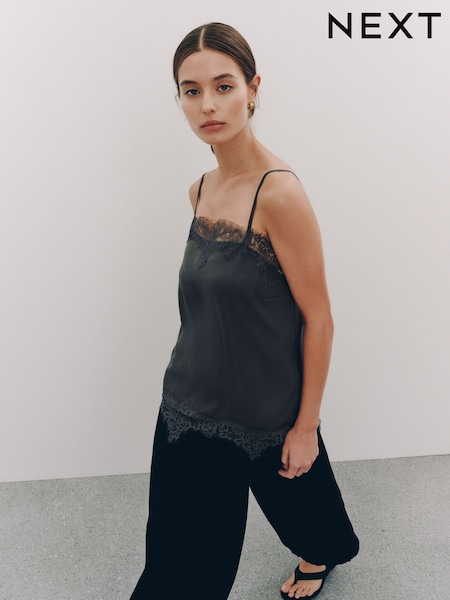 Grey - Straight Neck Satin Lace Cami Top