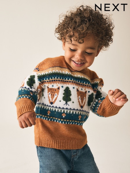 Brown/Cream - Character Knitted Crew Neck Jumper (3mths-7yrs)
