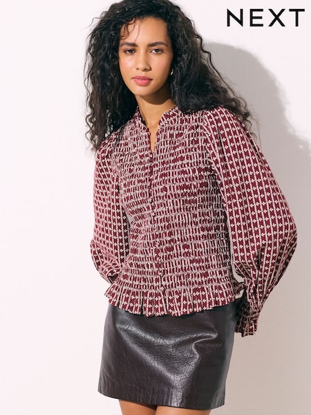 Burgundy Ditsy Floral Print - Smocked Button Front Long Sleeve Blouse