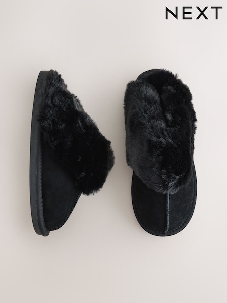 Black - Faux Fur Lined Suede Mule Slippers