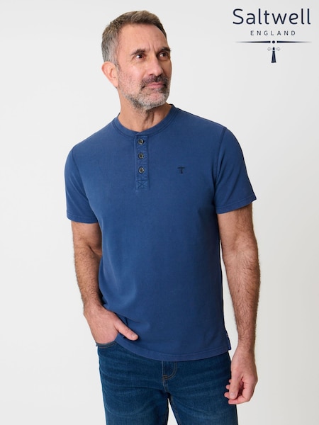 Saltwell Blue Dyed Grandad Collar Cotton T-Shirt (Y44137) | ‏126‏₪
