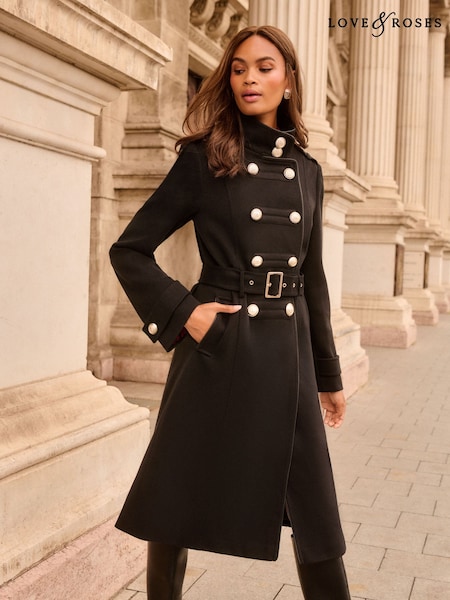 Noir - Love & Roses Funnel Neck Military Faux Wool Coat