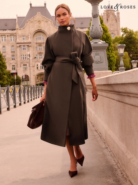 Chocolate Brown - Love & Roses Funnel Neck Balloon Sleeve Faux Wool Coat