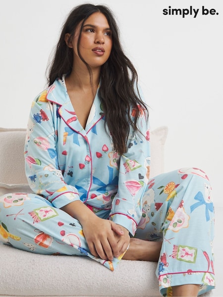Simply Be Blue Breakfast Print Button Through Pyjamas Set (Y44243) | $87