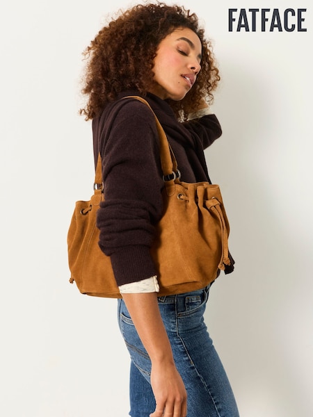 بني فاتح بني - Fatface Ruched Suede Shoulder Bag