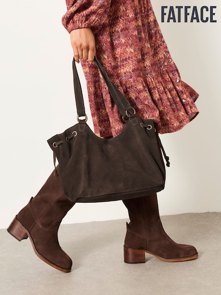 Schokoladenbraun - Fatface Ruched Suede Shoulder Bag