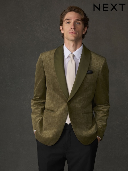 Olive Green Geometric - Regular Fit Patterned Velvet Blazer