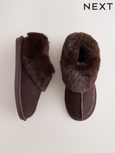 Chocolate Brown - Suede Faux Fur Lined Mini Boot Slippers