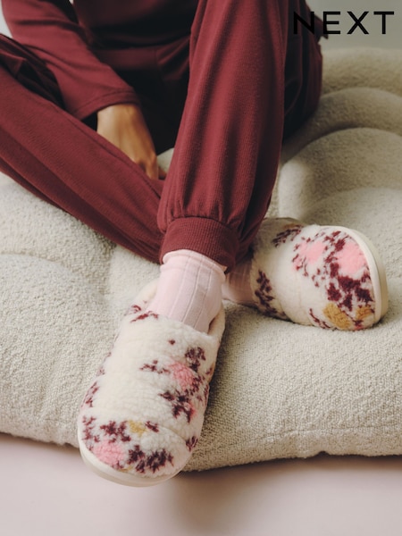White/Pink Floral - Borg Mini Boot Slippers