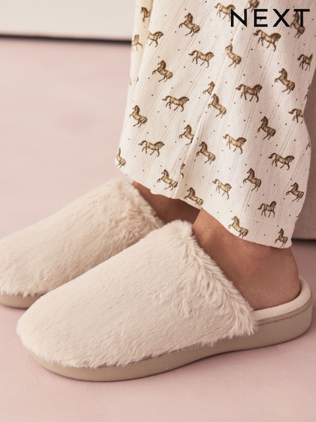 Cream - Mule Fur Slippers With Arch Support