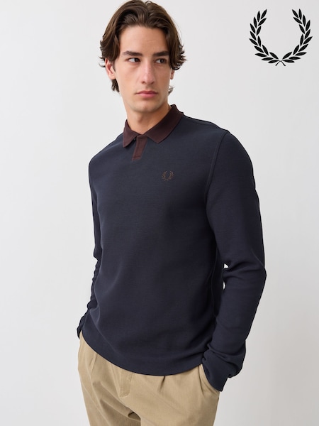 Blue - Regular Fred Perry Longsleeve Jacquard Polo Shirt