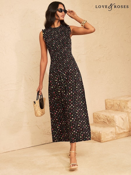 Black Floral - Love & Roses Shirred Drop Waist Midi Dress