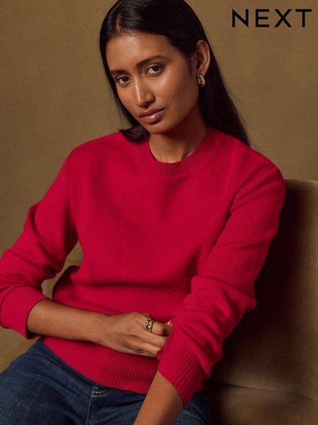 Red - Crew Neck Knit Look Jumper