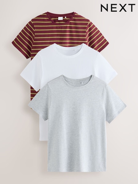 Grey/White/Stripe - Slimline Crew Neck T-shirts 3 Pack