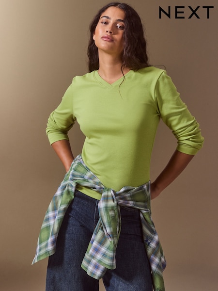 Grøn - Long Sleeve High V-neck T-shirt
