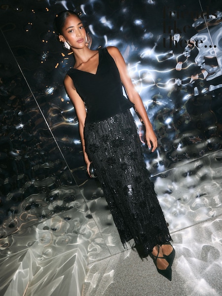 Black - Friends Like These Fringe Sequin Velvet 2 In 1 Midi Dress