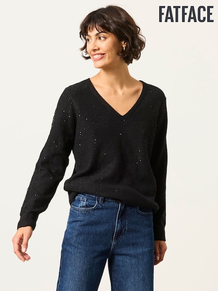 Black - Fatface Knitted Sequin Sparkle Lace Tunic