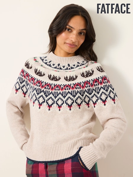 Natural - Fatface Knitted Christmas Pudding Fairisle Jumper