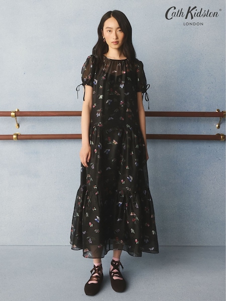 შავი დიტსის ყვავილოვანი - Cath Kidston Puff Sleeve Dress