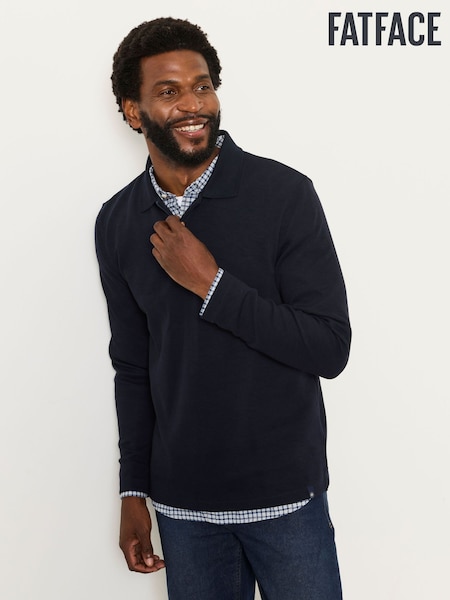 Navy - Regular Fatface Long Sleeve Ribbed Polo Shirt