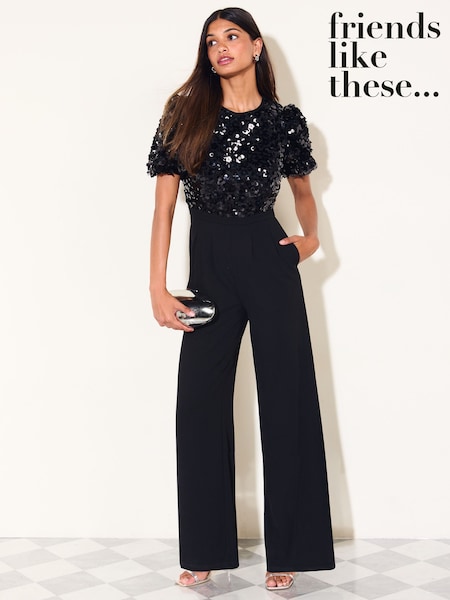 أسود - Friends Like These Short Sleeve Floral Sequin Jumpsuit
