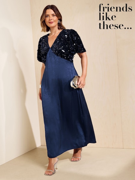 Navy - Friends Like These Short Sleeve Sequin Satin Midi Dress