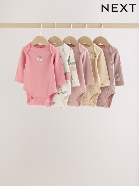Pink/Cream Brunch - Long Sleeve Baby Bodysuits 5 Pack