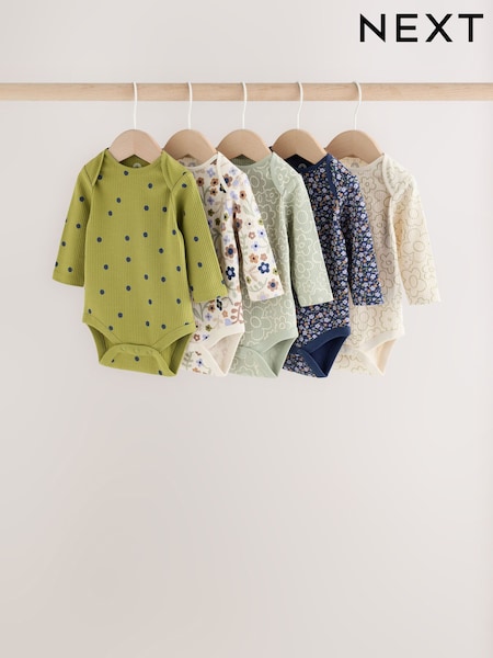 Green Floral - Long Sleeve Baby Bodysuits 5 Pack
