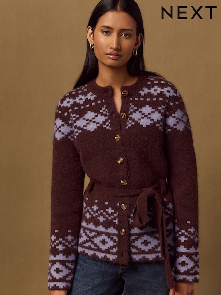 Marron Chocolat/Violet - Fairisle Button Through Belted Cardigan With Wool