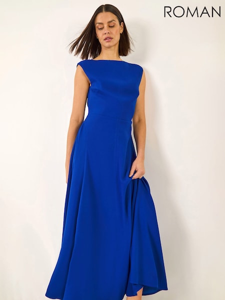Roman Blue High Neck Pleated Midi Dress (Y45903) | SGD 145