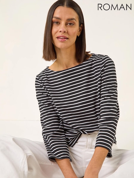 Μαύρο - Roman Stripe Print Boat Neck Top (Y45917) | € 65