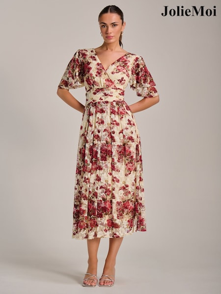 بيج - Jolie Moi Angel Sleeve Print Lace Maxi Dress (Y46018) | ‏454 د.إ.‏