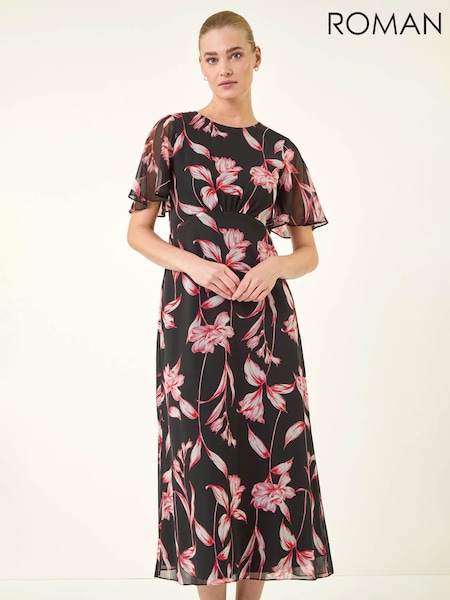 Roman Red Leaf Print Back Tie Midi Dress (Y46042) | ₪511