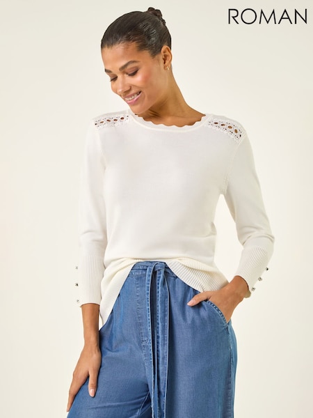 לבן - Roman Scalloped Neck Knit Jumper (Y46076) | ‏275‏₪