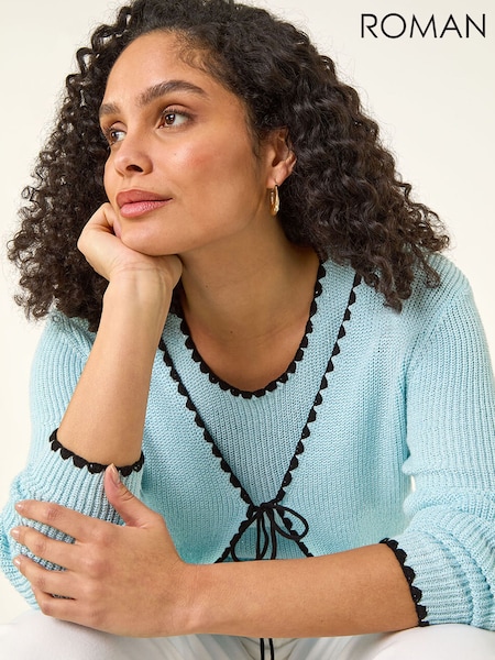 Roman Blue Sequin Detail Trim Knit Cardigan (Y46091) | AED328