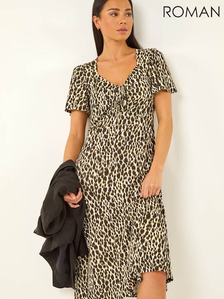 Roman Green Petite Animal Print Drawstring Midi Dress (Y46124) | AED364