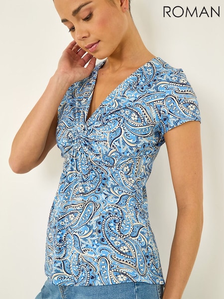 Roman Blue Petite Abstract Twist Front Stretch Top (Y46136) | $87