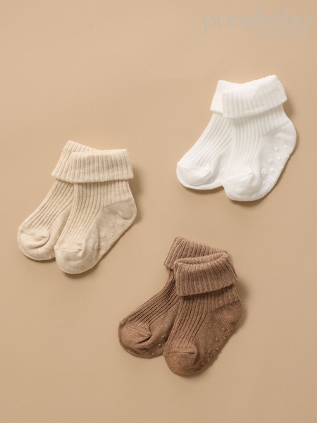 Natural - Purebaby Rib Socks 3 Pack