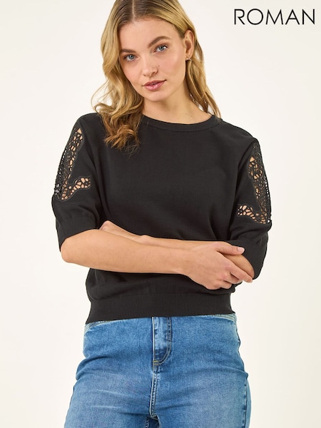 Roman Black Crochet Sleeve Knit Top (Y46253) | $105