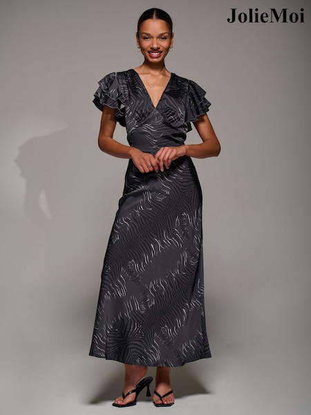 Grau - Jolie Moi Ruffle Sleeve Print Satin Maxi Dress (Y46298) | 117 €