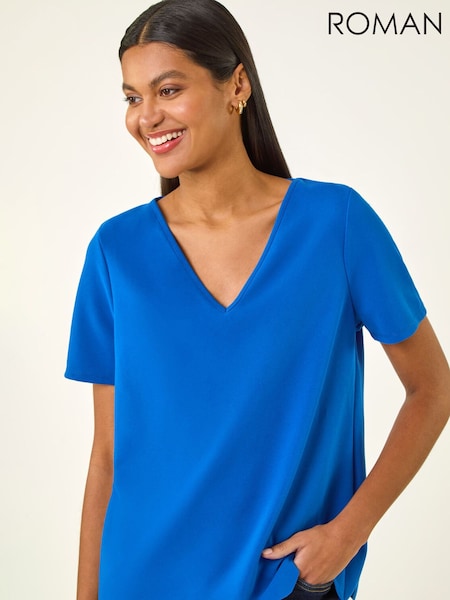 Roman Blue Scalloped Hem V-Neck T-Shirt (Y46340) | SGD 68