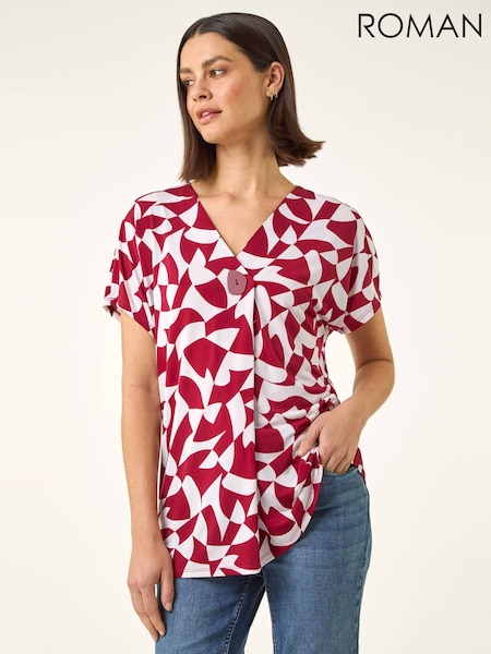Roman Red Abstract Print V-Neck Stretch Top (Y46342) | $100