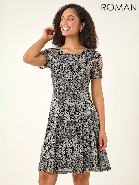 Roman Black Border Print Mesh Dress (Y46361) | AED364