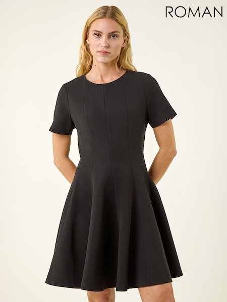 Roman Black Panel Flared Stretch Dress (Y46365) | AED364