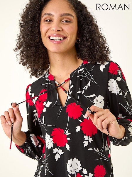 Roman Red Floral Tile Print Stretch Top (Y46386) | ₪377