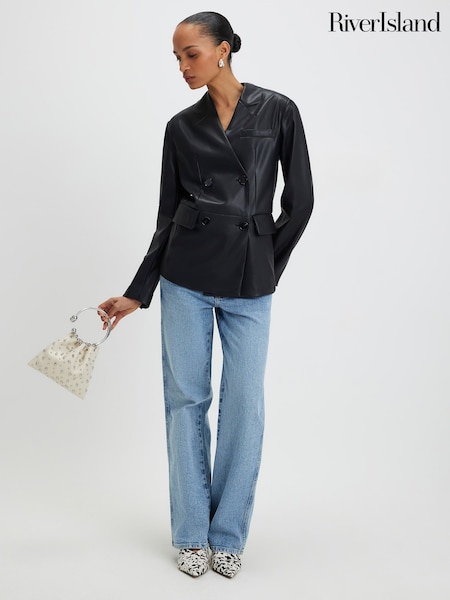 River Island Black Collarless Faux Leather Blazer (Y46408) | $133