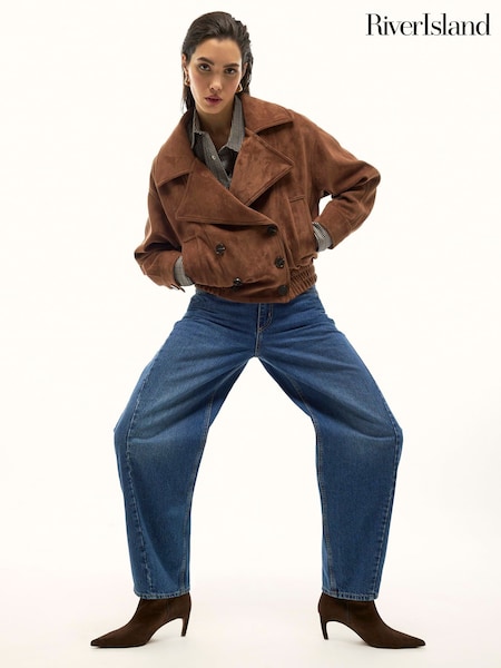 River Island Brown Faux Suede Dropped Bomber Jacket (Y46418) | SGD 114