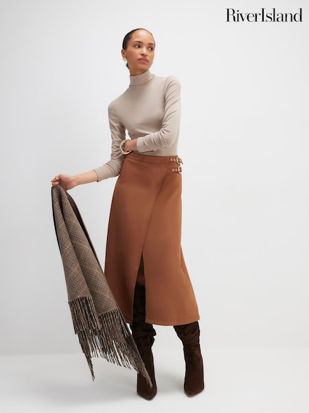 River Island Belted Wrap Pleated Midi Skirt (Y46419) | ‏231‏₪