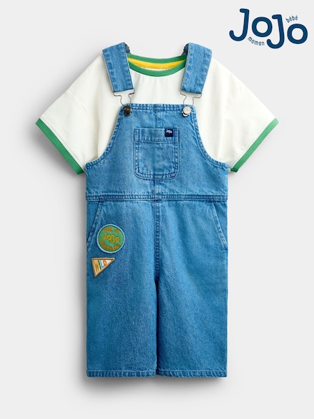 أزرق سافاري - Jojo Maman Bébé 2-piece Badge Dungaree & T-shirt Set